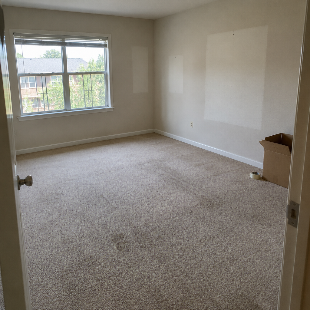 An emptied rental bedroom in Rugeley with marks on the beige carpet before cleaning