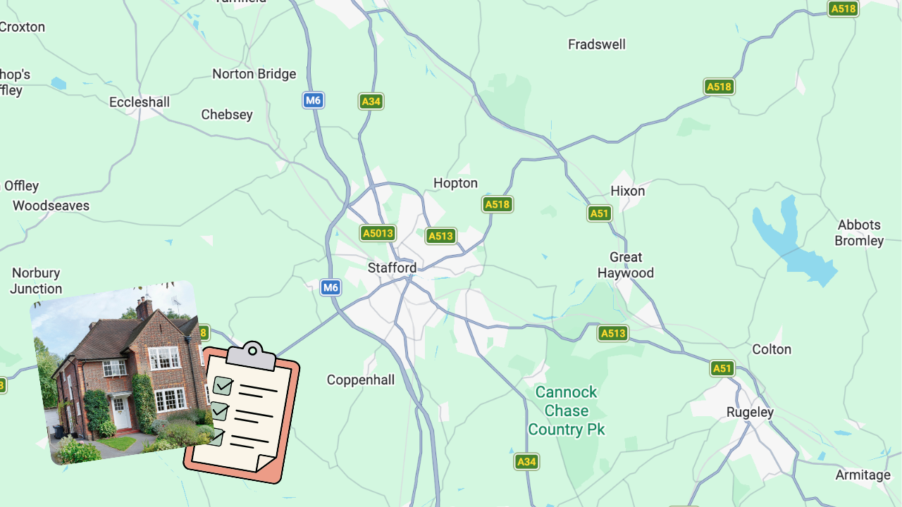 Map of Stafford and the surrounding towns covered by Wink's carpet cleaning, with a photo of a brick home and a cleaning checklist