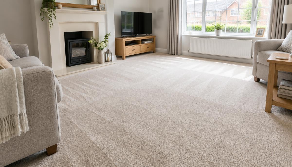 A freshly cleaned light beige lounge carpet in a Stone living room with vacuum lines groomed into the fibres