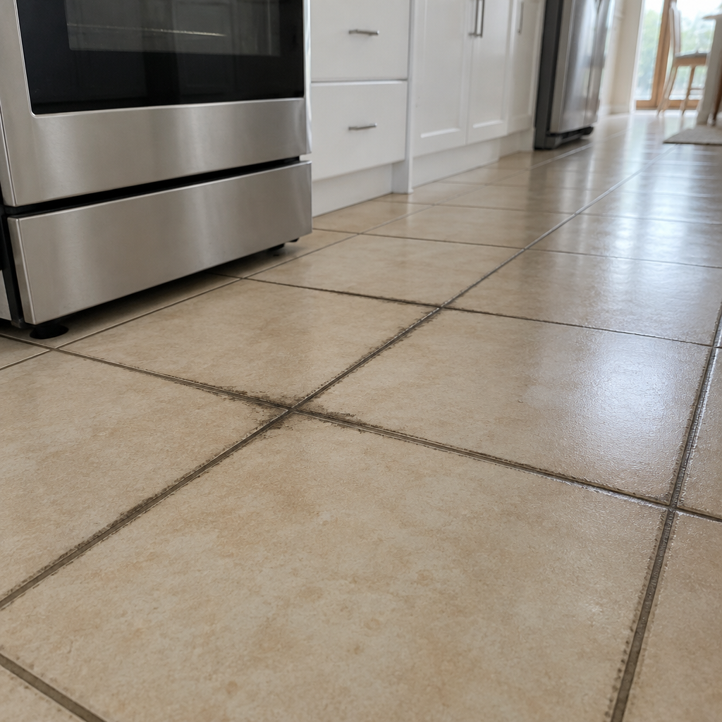 Dark grout lines on a beige tiled kitchen floor around the cooking area