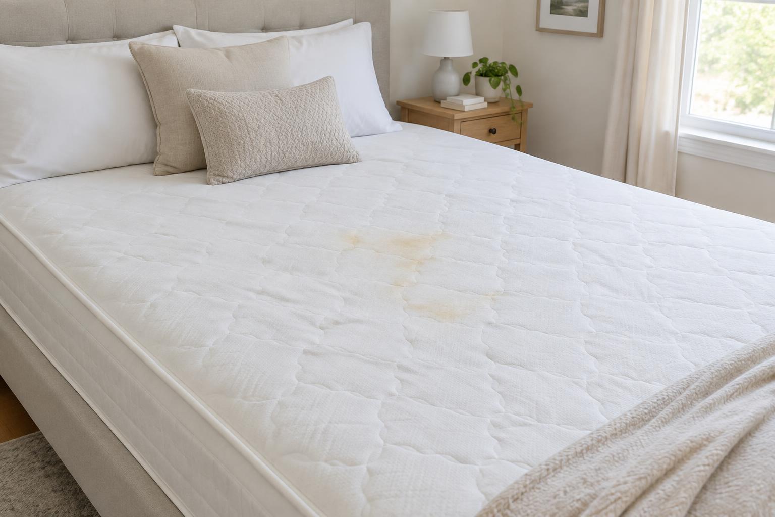 A white mattress with faint yellowed staining across the surface in a bright bedroom
