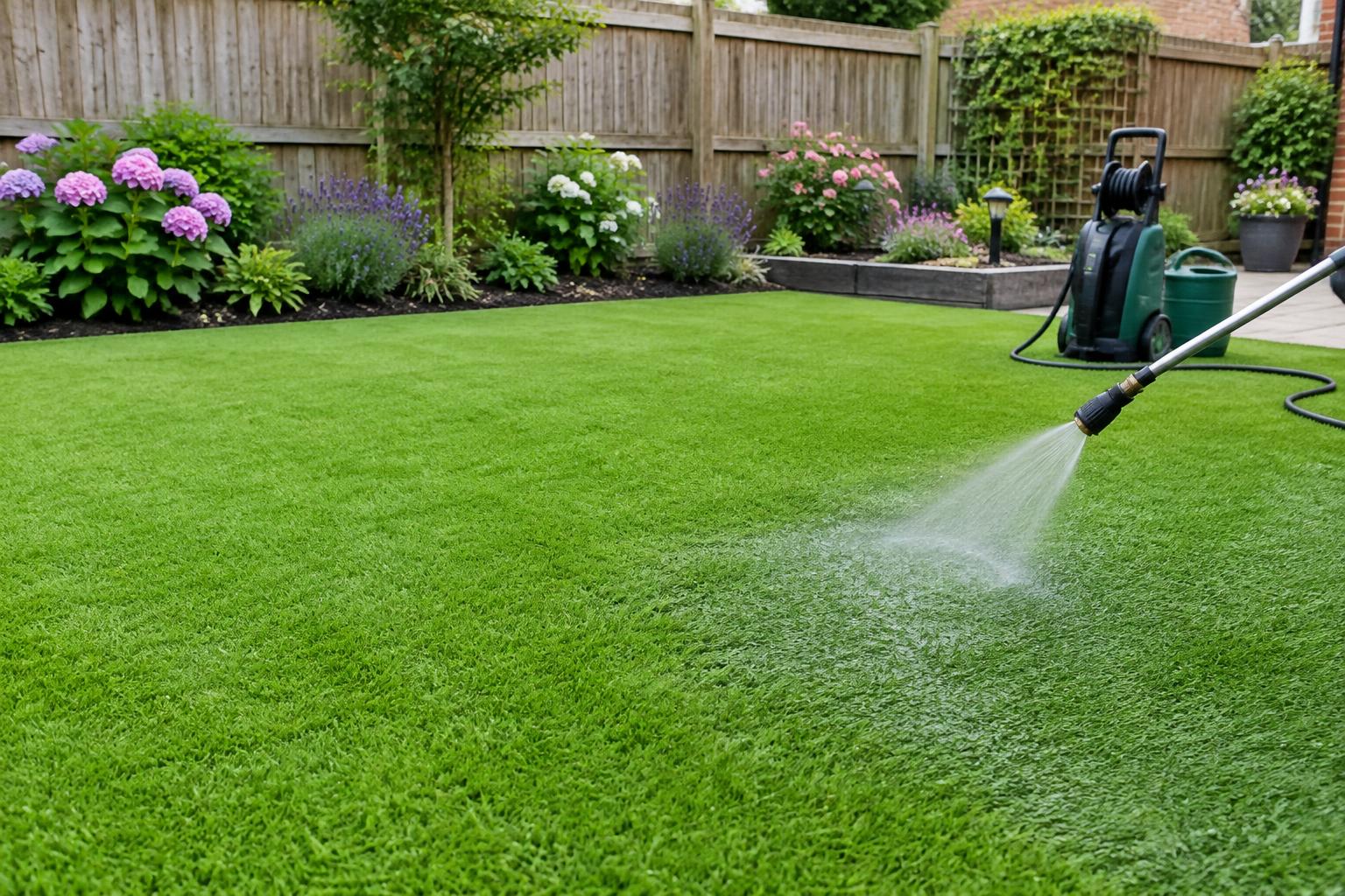 A bright green artificial grass lawn being rinsed with water in a garden with flower beds