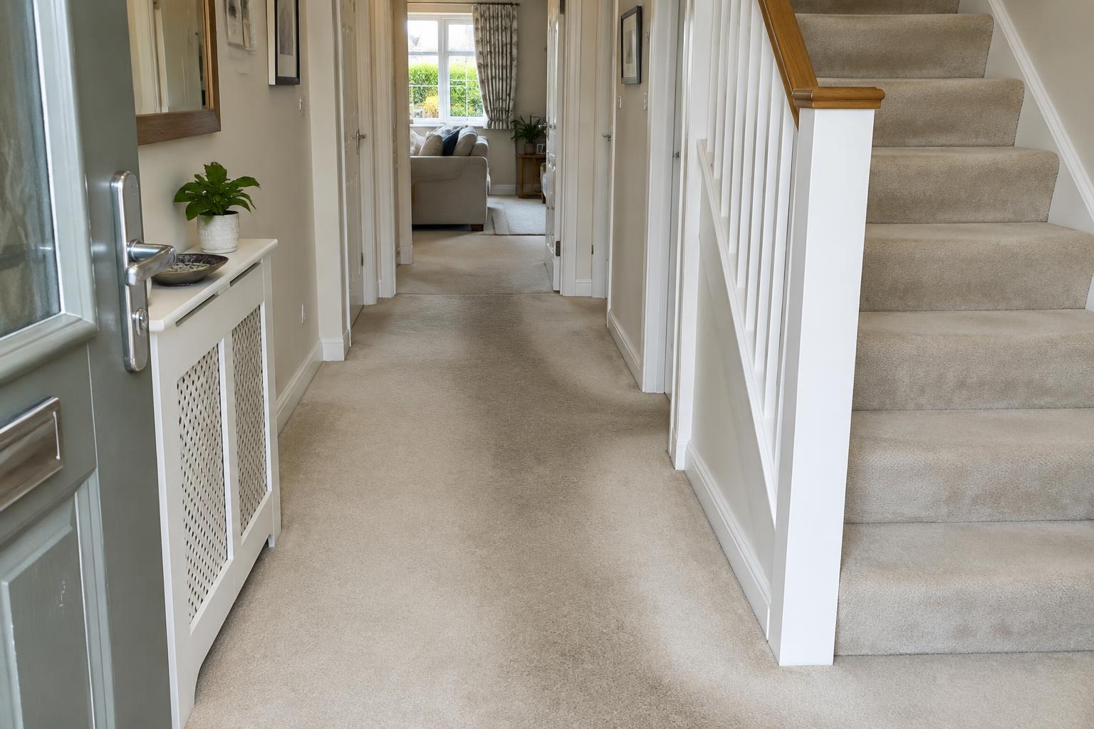 A cream hallway carpet with a darker traffic path running from the front door towards the back of the house