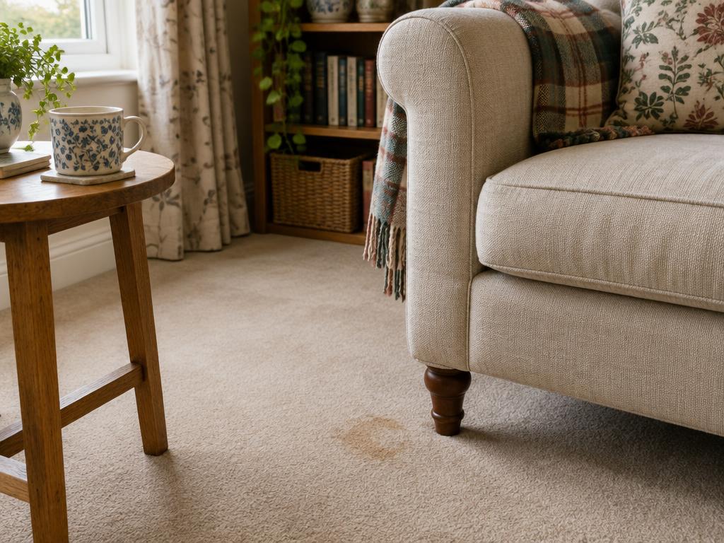 A faint tea stain on a cream carpet beside a fabric armchair