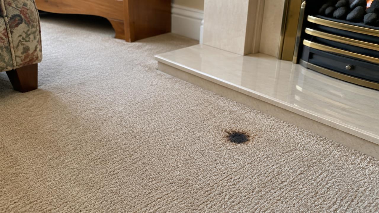 A small dark burn mark in a beige lounge carpet beside a fireplace hearth