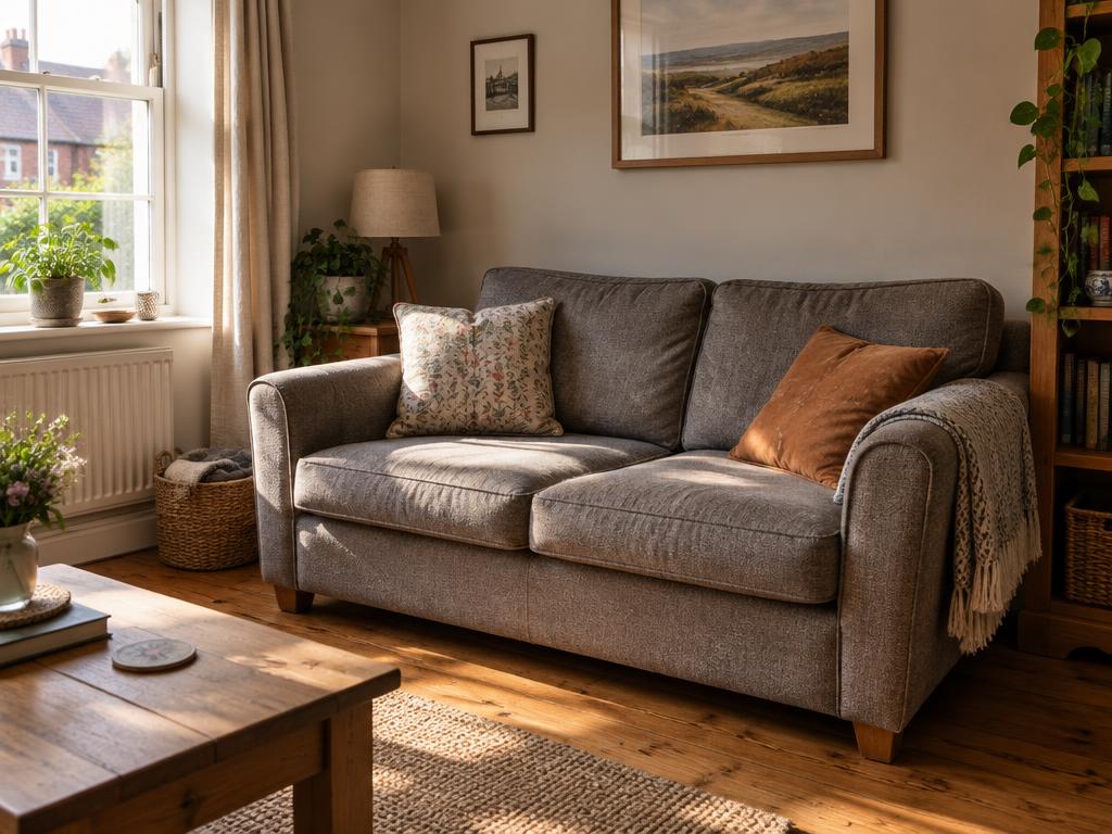 A well-loved grey fabric sofa in a cosy Hednesford-style living room