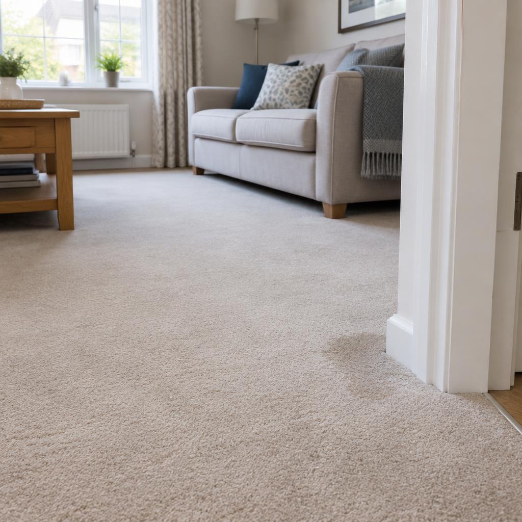 Light beige lounge carpet beside a doorway with a faint damp patch — AI-generated illustration.