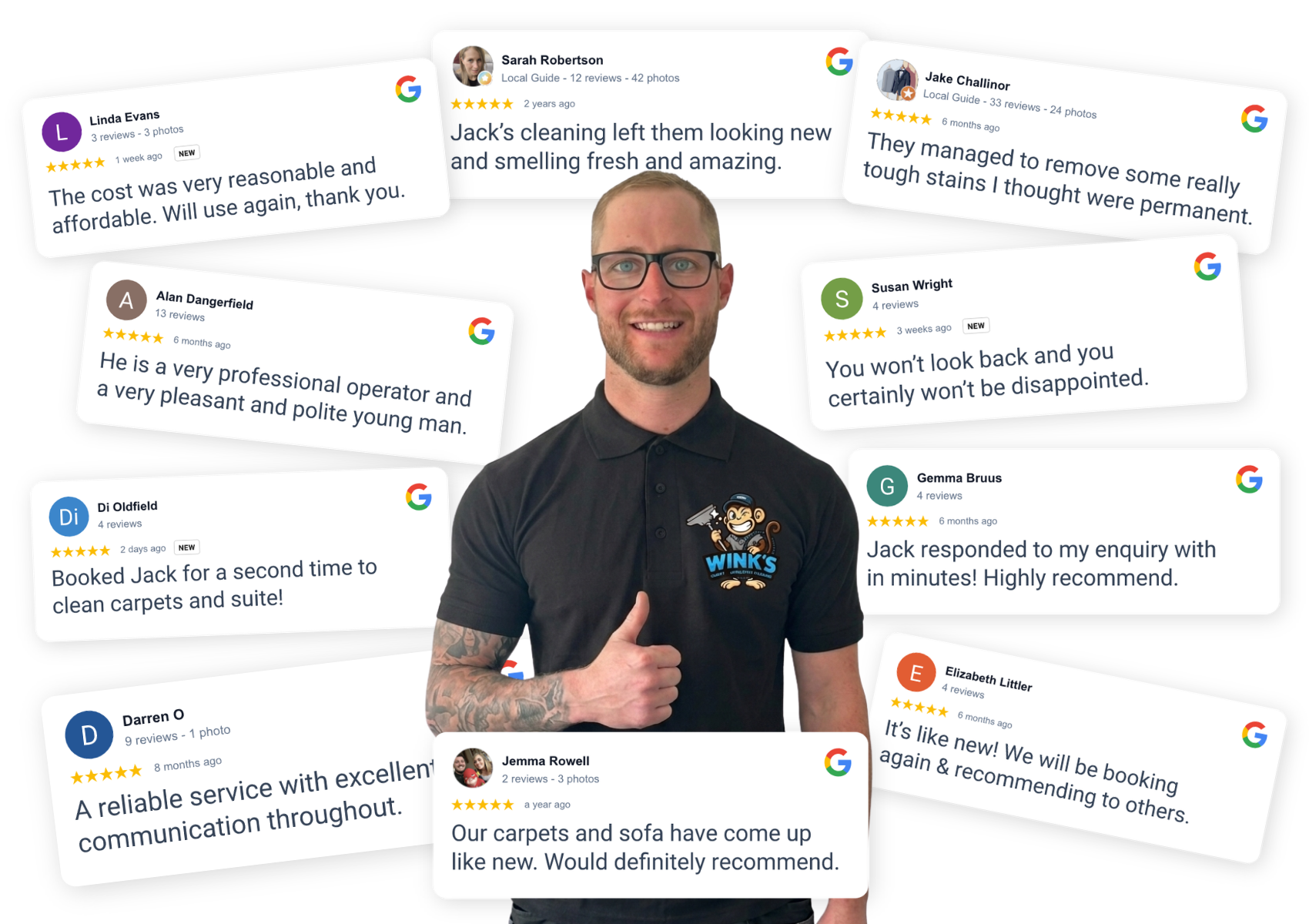Jack from Wink's surrounded by 5-star Google reviews